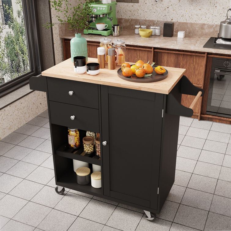 Store Kitchen Cart With Spice Rack Towel Rack Two Drawers Rubber Wood Top Kitchen Island With 4 Wheels For Dining Rooms Kitchens Living Rooms